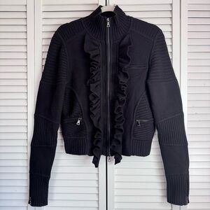 Diane von Furstenberg Wool Mock Neck Cardigan Sweater Chunky Moto Black Medium